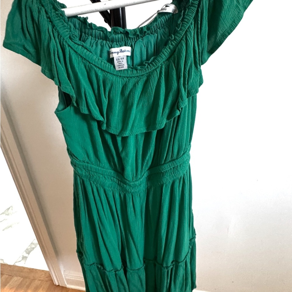 Tommy Bahama Green Off-the-shoulder dress. Fits me on the knee.